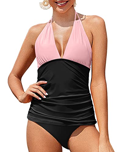 Open Back Halter Tankini Swimsuits V Neck Tops Bikini Bottom Two Piece-Pink And Black
