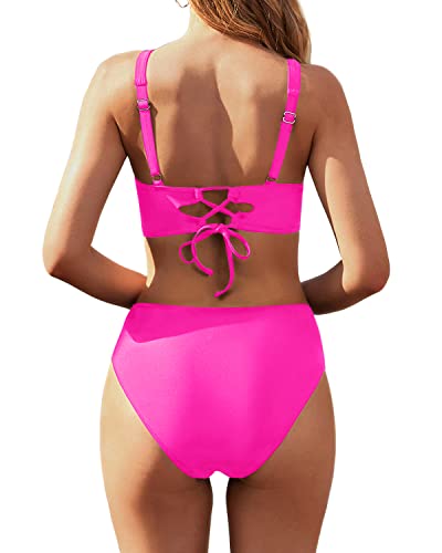 Twist Front Women's Two Piece High Waisted Bikini Set Full Coverage Bathing Suit-Neon Pink