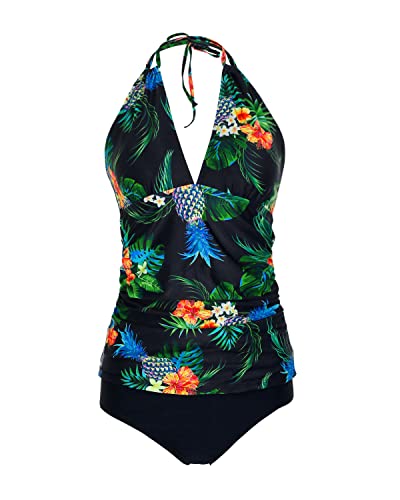 Halter Tankini Swimsuits V Neck Tops Bikini Bottom Tummy Control Bathing Suits-Black Pineapple