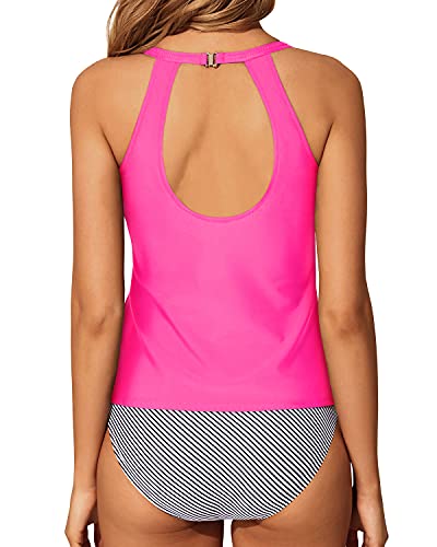 Backless Halter High Neck Tankini Bathing Suit Tummy Control-Hot Pink Stripe