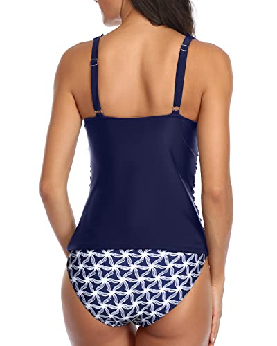 Women's Sexy Tummy Control Swimsuits Shirred Front Tankini Set-Navy Blue Tribal