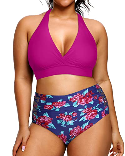 Plus Size High Waisted Two Piece Halter Bikini Tummy Control Swimsuit-Pink Floral