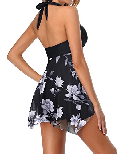Tummy Control One Piece Bathing Suit Skirt For Women-Black