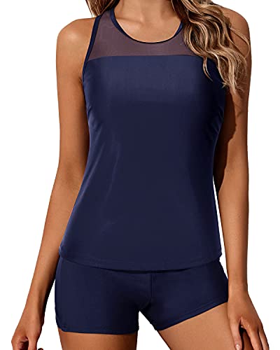 Sporty Boyleg Tankini Bathing Suit Tops For Women Shorts-Navy Blue