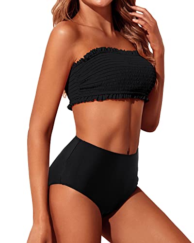 Strapless Women's Bandeau Bikini Set Two Piece Smocked Swimsuit-Black