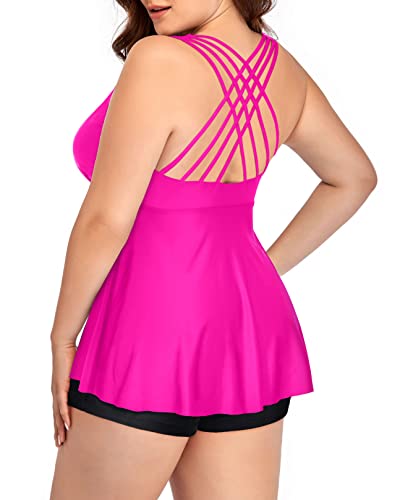 Plus Size Tankini Tops No Bottom Flowy Bathing Suit Top V Neck Swim Top-Neon Pink