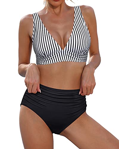 Two-Piece High Waisted Bikini Tummy Control Bathing Suit V Neck Swimwear-Black And White Stripe