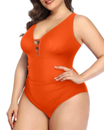 Push Up Padded Bra Plus Size Ruched One Piece Swimsuit-Neon Orange