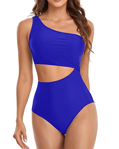 Women's One Shoulder Bathing Suit Monokini Cutout One Piece Swimsuits-Royal Blue