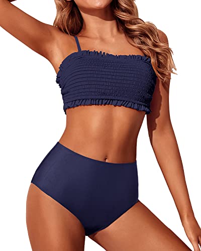 Women's Bandeau Bikini Set Two Piece Smocked Swimsuits-Navy Blue