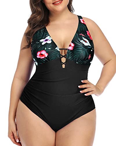 High Waisted Line Plus Size Ruched One Piece Swimsuit-Black Floral
