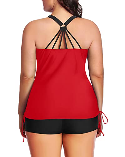 Athletic Women Plus Size Tankini Swimsuit Bathing Suit Top Shorts-Neon Red