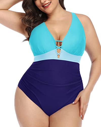 Ruched Tummy Control Plus Size Slimming One Piece Swimsuit-Blue