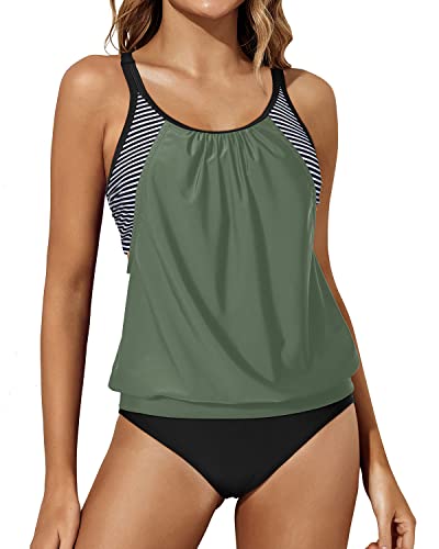 Blouson Swim Top & Bottom Double Up Tankini Swimsuits For Women-Army Green
