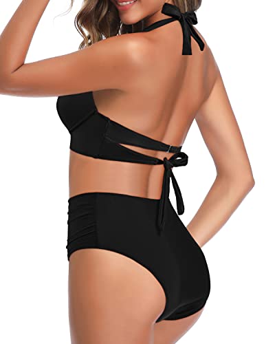 Retro Halter Twist Front Swimwear For Womens 2 Piece High Waisted Bikini-Black