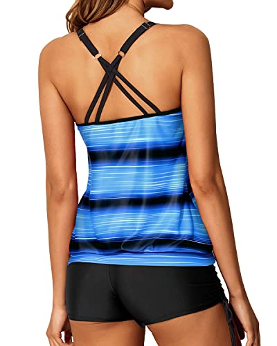 Women's Blouson Tankini Two Piece Strappy Bathing Suit Tops Shorts Swimwear-Blue And Black Stripe