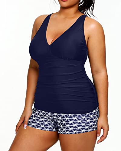 Two Piece Plus Size Tankini Swimwear Shorts Tummy Control Bathing Suits-Navy Blue Tribal