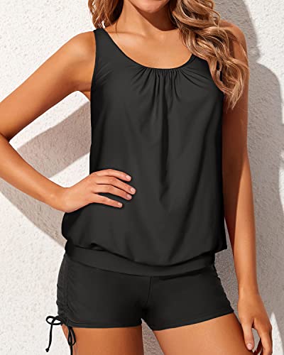 Modest Blouson Tankini Swimsuits For Women Removable Sports Bras-Black