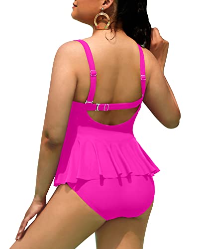 Two Piece Peplum Swimwear For Women Plus Size Scalloped Swimsuits-Neon Pink