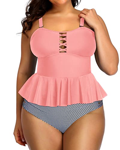 Lace Up Plus Size Swimsuits For Women Tummy Control Two Piece Bathing Suits-Coral Pink Stripe