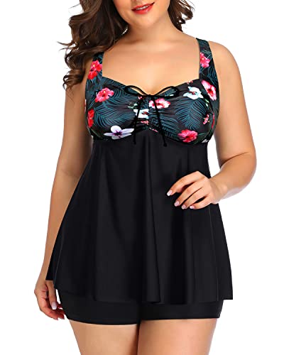 Flowy Plus Size Tankini Swimsuits Boyleg Bottoms For Women-Black Floral