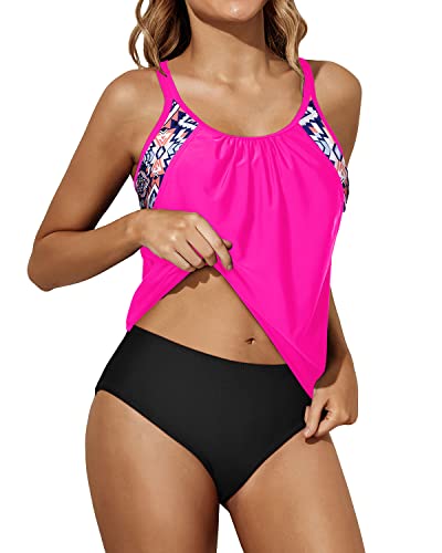 Women's Blouson Swim Top Bottom Double Up Bathing Suits For Teen-Neon Pink