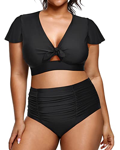 Womens Two Piece Plus Size Bikini Set High Waisted Swimsuits-Black