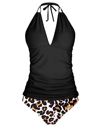 Women's V Neck Tankini Tops & Bikini Bottom Halter Swimsuit-Black And Leopard