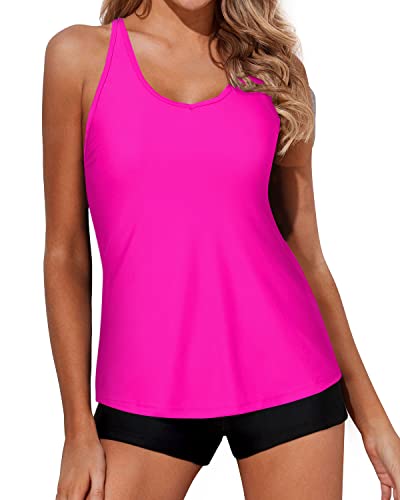 Tummy Control Tankini Swimsuits For Women Athletic Bathing Suits-Neon Pink And Black