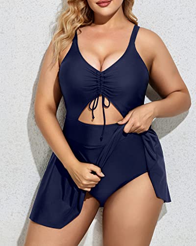 Push Up Padded Bra Plus Size Swimwear One Piece Swimdress-Navy Blue