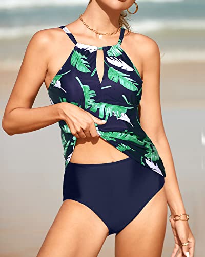 Tankini Bathing Suits For Women High Waisted Bottom 2 Piece Swimsuit For Women-Blue Leaf