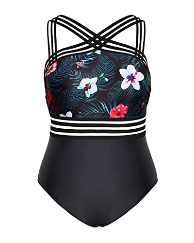 Strapless Tummy Control Bathing Suit Plus Size One Piece Swimsuit-Black Floral