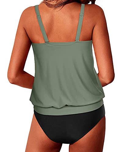 Push Up Bra Cups Blouson Tankini Swimsuits For Women-Olive Green