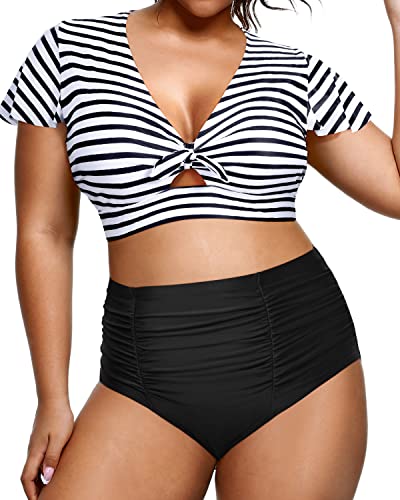 Plus Size Two Piece Bikini Set High Waisted Swimsuits Tummy Control Bathing Suits-Black And White Stripe