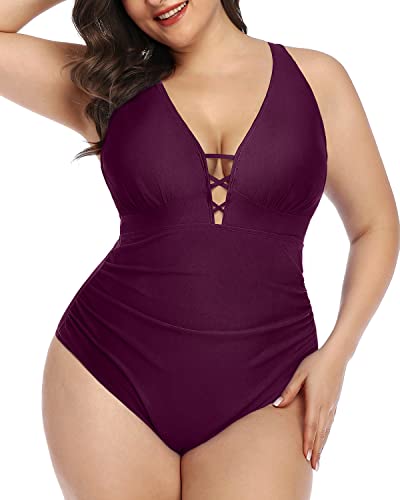 Deep V Neck Lace Up Plus Size Slimming One Piece Swimsuit-Maroon