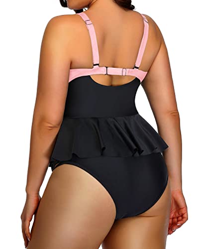 Peplum Tankini Tops Built-In Padded Bra For Women Plus Size Bathing Suits-Pink And Black