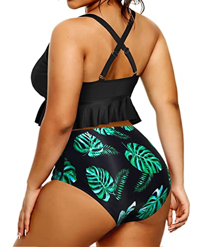 High Rise Flounce Bikini Top And High Waisted Swimsuit Bottom-Black Leaf