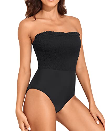 Womens Strapless One Piece Swimsuit Tummy Control Bandeau Bathing Suits-Black