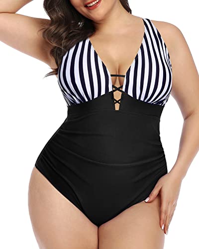 Women's Plus Size One Piece Swimsuit Slimming Tummy Control-Black And White Stripe