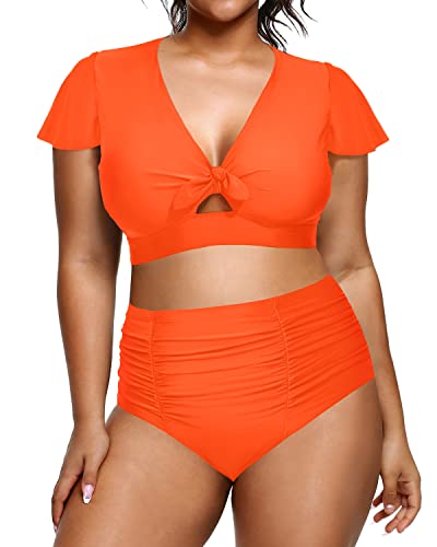 Plus Size Womens Two Piece Bikini Set Tummy Control Swimsuits Ruffle Sleeve Swimwear-Neon Orange