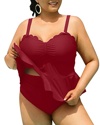 Plus Size 2 Piece Tankini Tummy Control Bathing Suits For Curvy Girl Swimsuits-Maroon