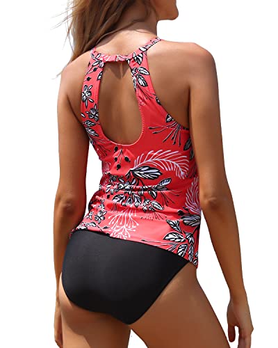 Two Piece High Neck Tankini Swimsuits For Women Tummy Control Bathing Suits-Red Floral