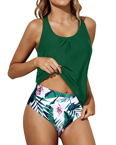Blouson Women Two Piece Tankini Swimsuits Tummy Control Bathing Suits-Green Tropical Floral