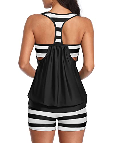 Racerback Blouson Two Piece Tankini Swimsuits For Women-Black And White Stripe
