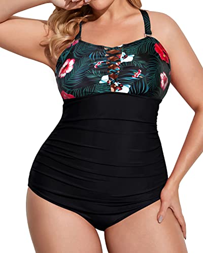 Vintage Plus Size Tummy Control One Piece Swimsuit Deep V Neck Bathing Suit-Black Floral