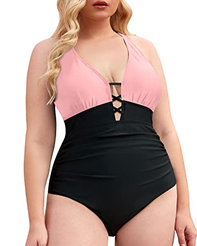 Lace Up Front Criss Cross Back Plus Size Deep V Neck One Piece Swimsuit-Pink And Black