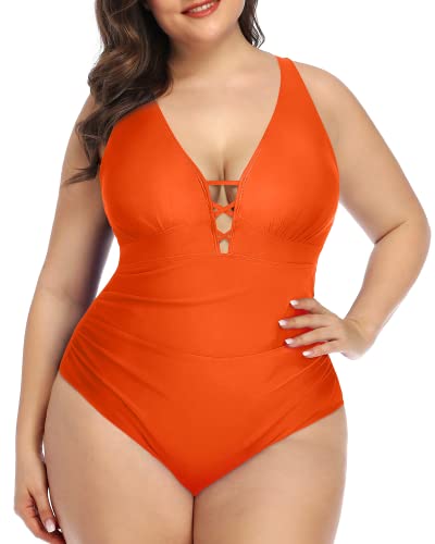 Push Up Padded Bra Plus Size Ruched One Piece Swimsuit-Neon Orange