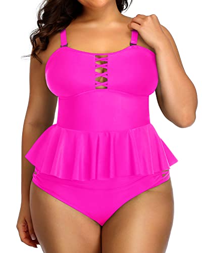 Women's Plus Size Tummy Control Peplum Tankini Swimsuit-Neon Pink