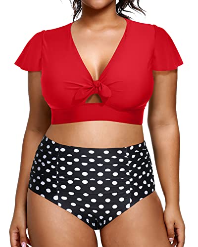 Womens Plus Size Two Piece Swimsuits Ruched Full Coverage Bottoms-Red Dot