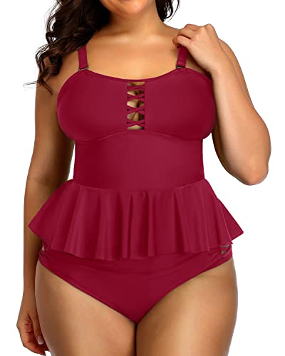 Lace Up Two Piece Bathing Suits For Women Tummy Control-Red